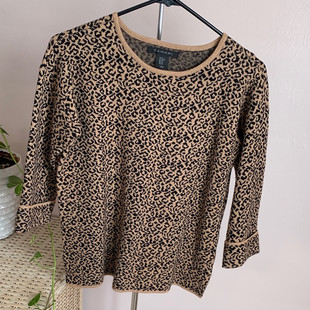Tahari Animal Print Long Sleeve Top - Black and Tan - Picture 2 of 5